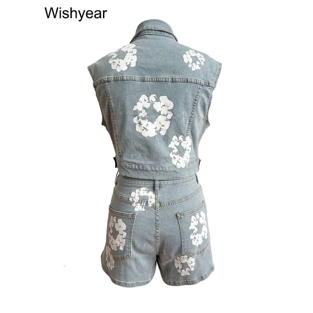 Sexy Woman Ral Printed Sleeveless Crop Tops And Shorts Two 2 Pieces Stretch Denim Night Club Birthday Jean Matching Sets Y2k