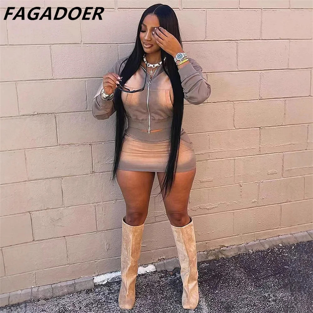 FAGADOER Pink Tie Dye Print Two Piece Sets Women Outfits Fashion Zip Pocket Long Sleeve Crop Top And High Waist Skirts Clothing 250113