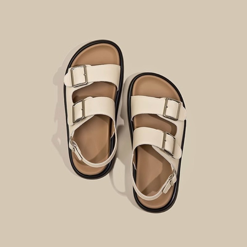 2025 sandals for women flat slippers Soft leather women's thick bottom buckle black brown khaki indoor outdoor casual shoes sandal slipper slide