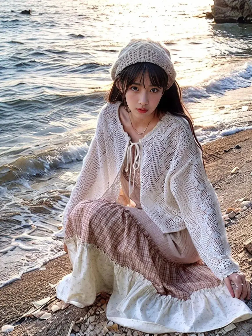 Sweet Fragmented Flower Splicing Sling Dress Holiday Style Dress Set Womens Hollow Short Open Woolen Sweater Two Piece Set Womens Dress 250109