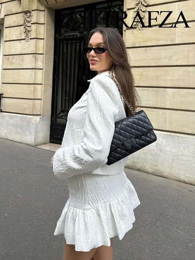 TRAFZA Spring Fashion Women Suit White Turn-Down Collar Long Sleeves Pocket Single Breasted BlazerHigh Waist Zipper Mini Skirts 250109