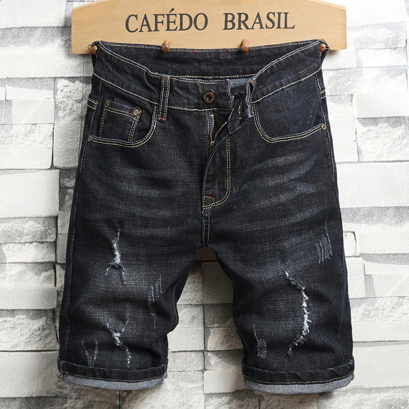 Summer Mens Fashion Stretch Slim Short Jeans Thin Denim Shorts Blue Black Menswear 250103