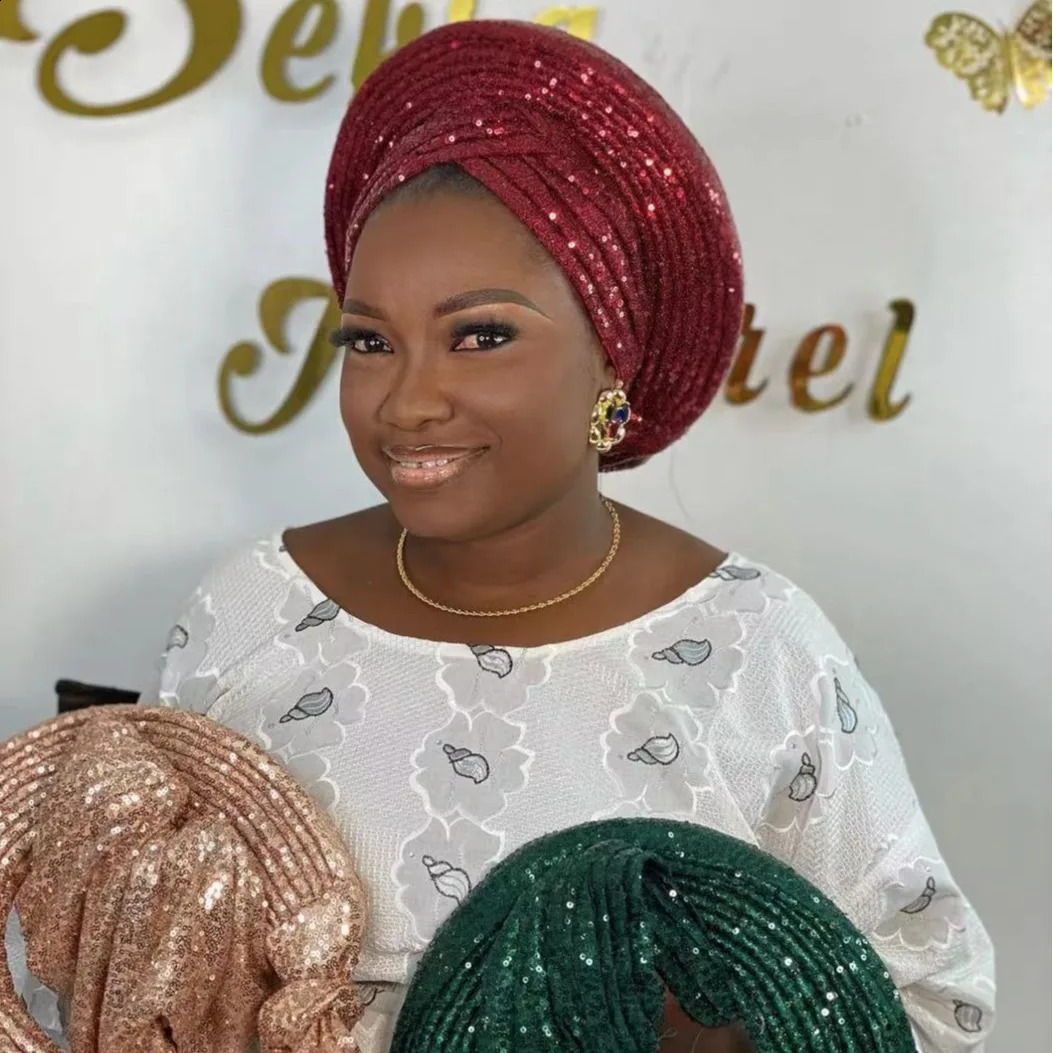 Sequins African Autogele Headtie Nigeria Wedding Geles Already Made Auto Gele Women Head Wraps Female Turban Cap Party Headgear250108