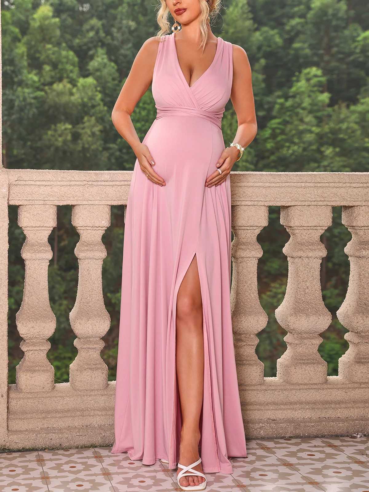 Itsroya Pure Satin Cross Back Pregnant Dress Elegant Par Evening Dress Side Split V-neck Photography Prop Dress W250113