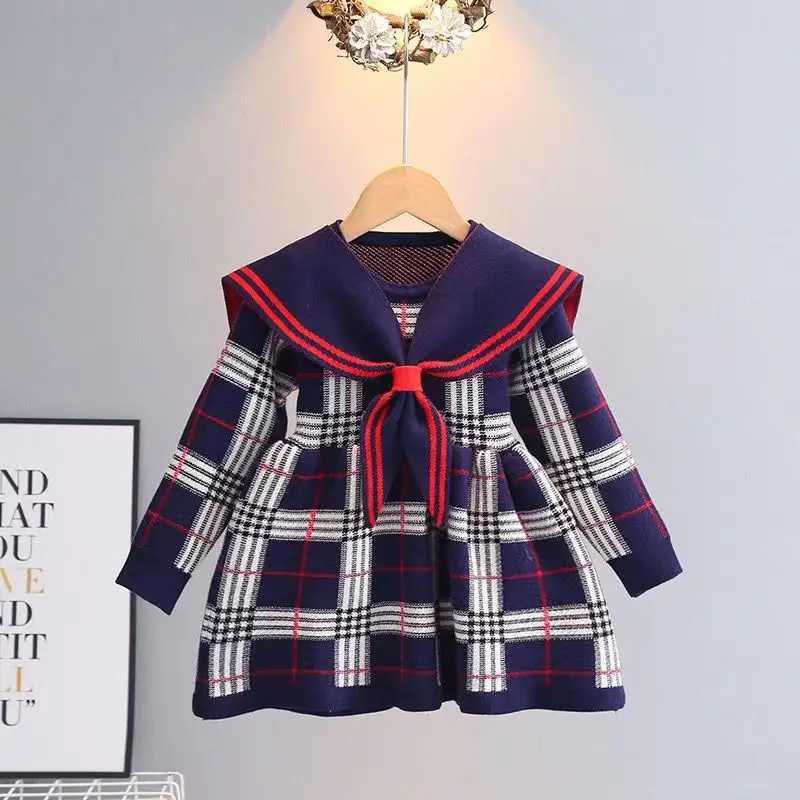 Toddler Girl Sweater Dress New Autumn Winter Warm 1-7Y Girls Plaid Knitted Sweater Dress Bow College Style Kids Clothes M250114