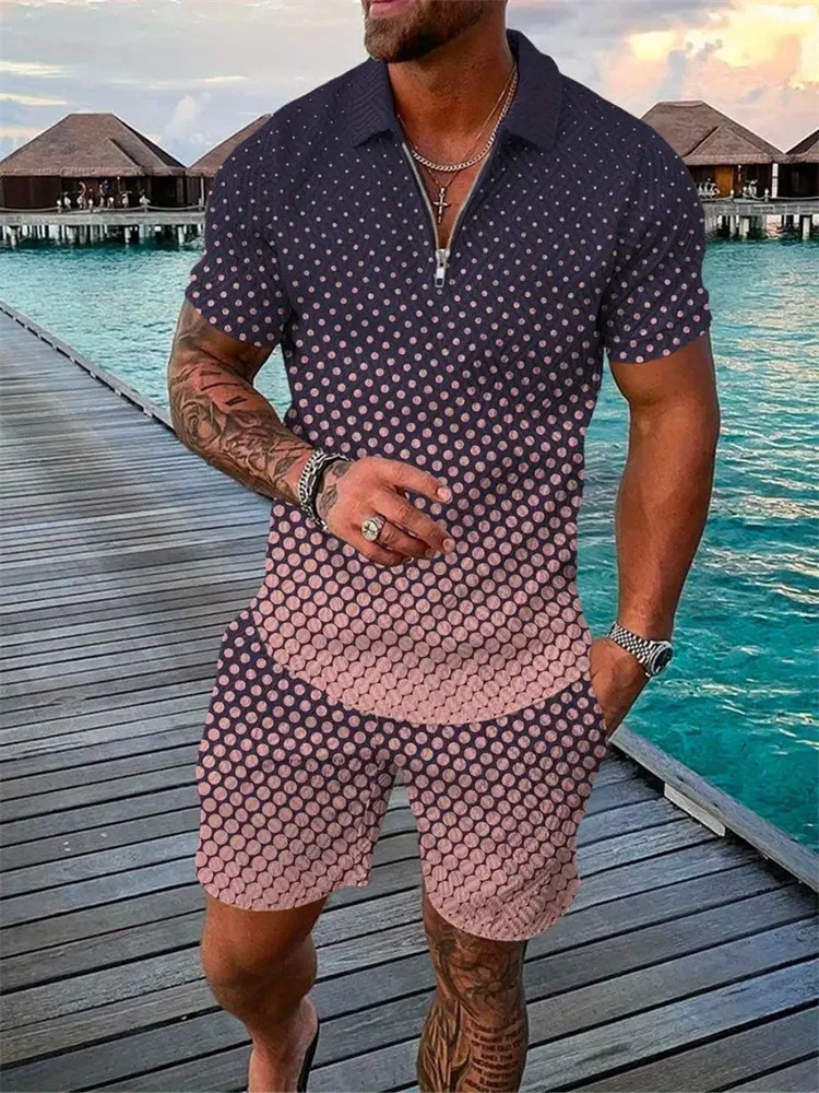 Two-tone Patchwork Mens Short Sleeve Shirt And Shorts Set Street Polo Top And Shorts Set Zipper Lapel Short Sleeve Shorts 250109