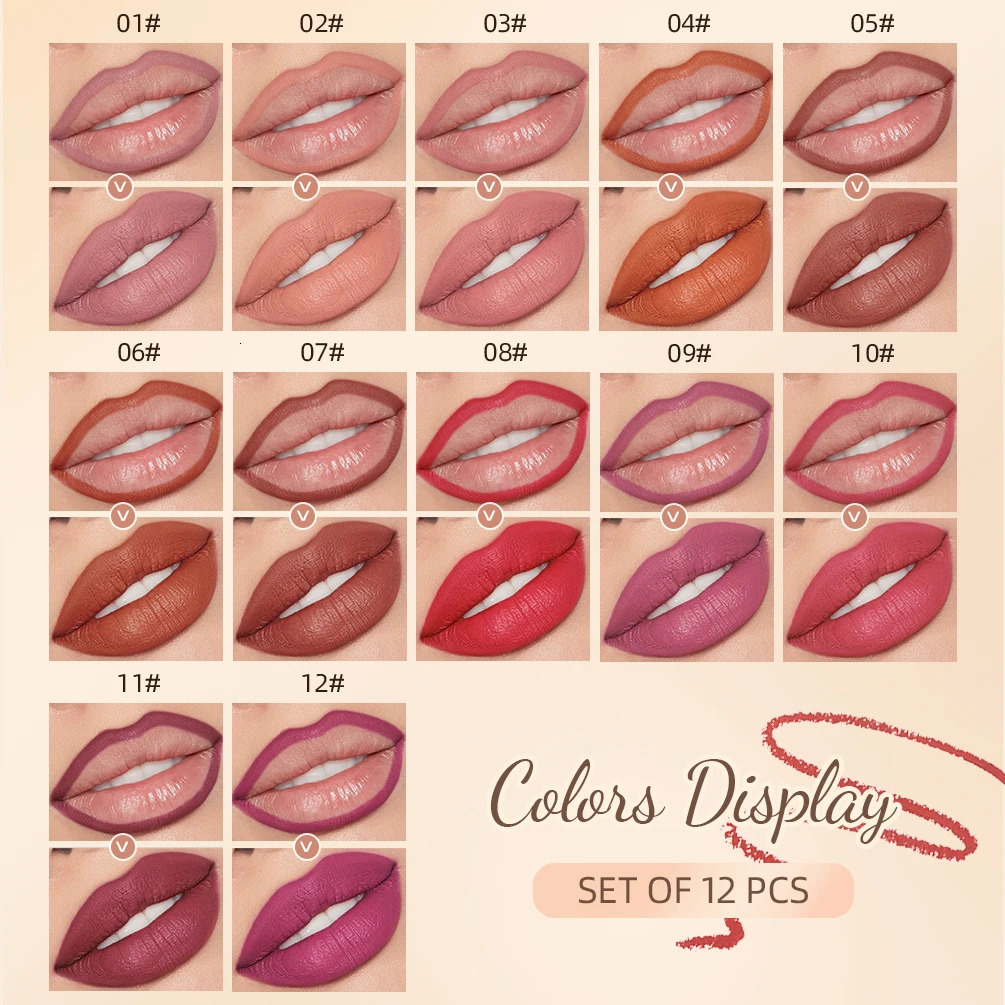 12pcs Lip Liner Pencil Set Matte Nude Contour Lipliner Pencil Lipstick Waterproof Long Lasting Lipstick Pen Lip Tint Cosmetics 250108