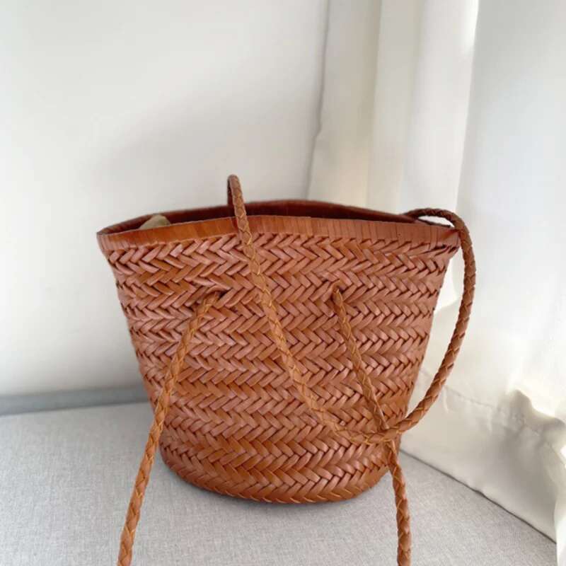 Cowhide Hand-Woven Retro Leather Woven Bucket Single Shoulder Vegetable Basket Bag Female