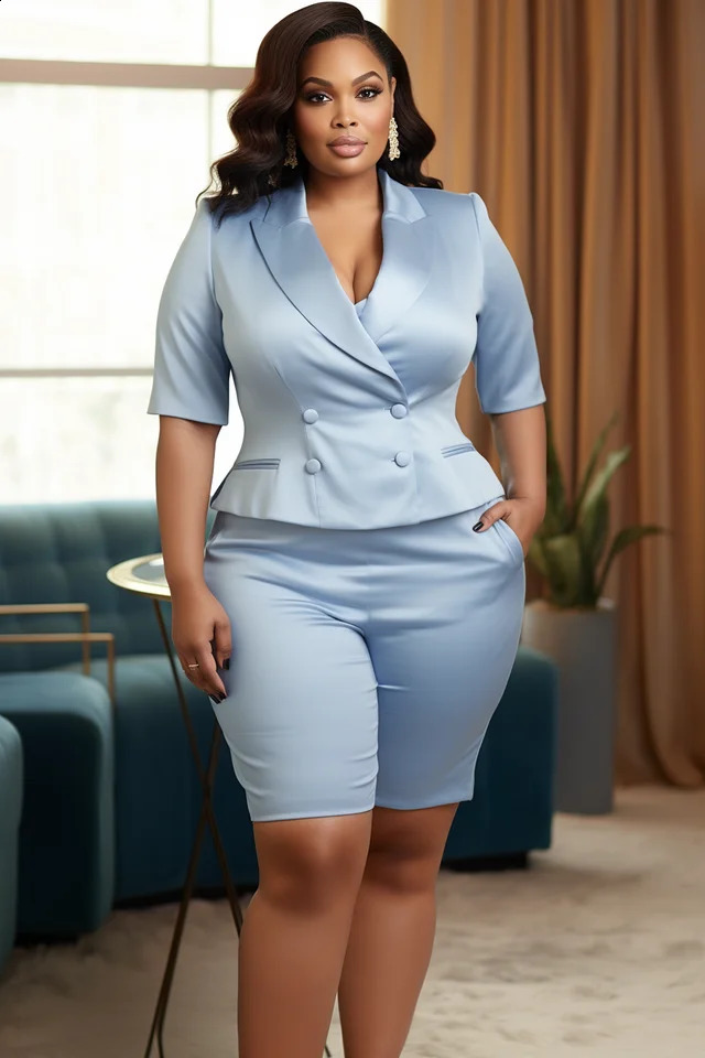 Large semi formal light blue lapel short sleeved satin twopiece set y250122