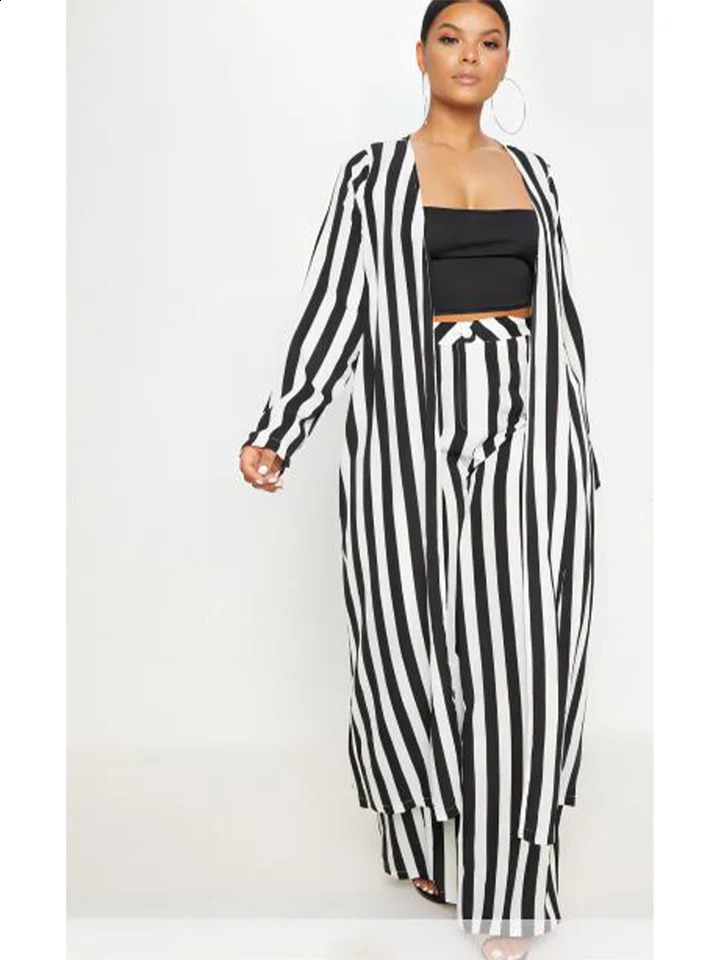 Plus Size Long Sleeve Black White Striped Set African Clothes High Waist Wide Leg Pants Two Piece Elegant OL Ladies Clothing 250106