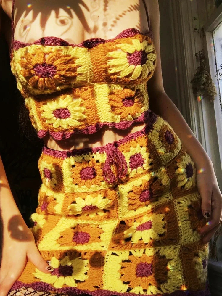 Gypsylady vintage crochet dress set Bohemian cut top mini skirt 2-piece set handmade summer chic square pattern sexy set 250109