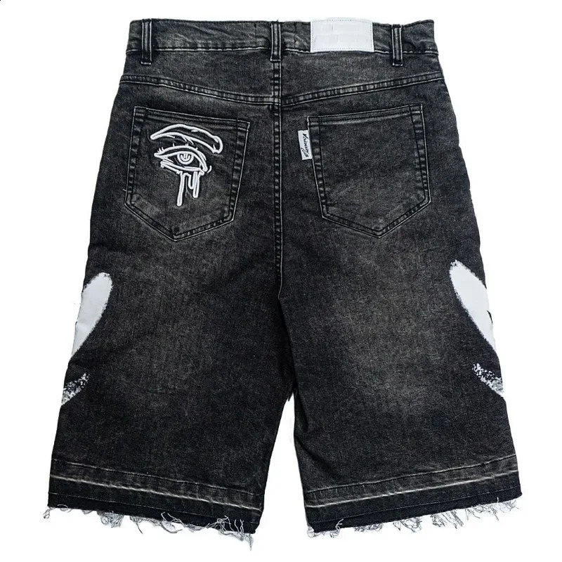 Harajuku Letter Embroidery Black Jeans for Men Hip Hop Vintage Baggy Shorts Casual Gym Denim Streetwear 250120