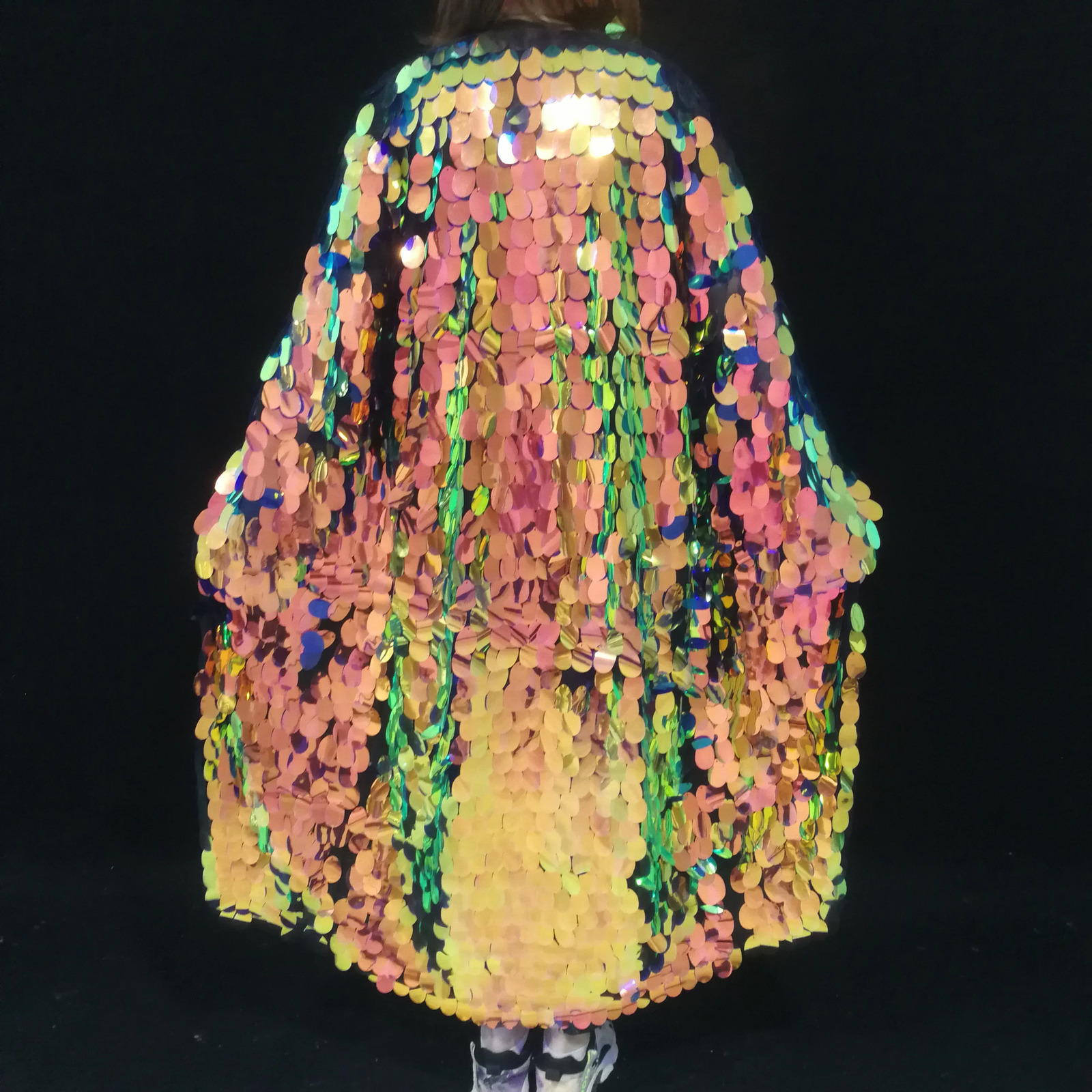 Gold Sequins Long Coat Stage Costume Women Singer Leading Dance Hip Hop Punk Glitter Mirror Cloak Party Overcoat Performance 250110