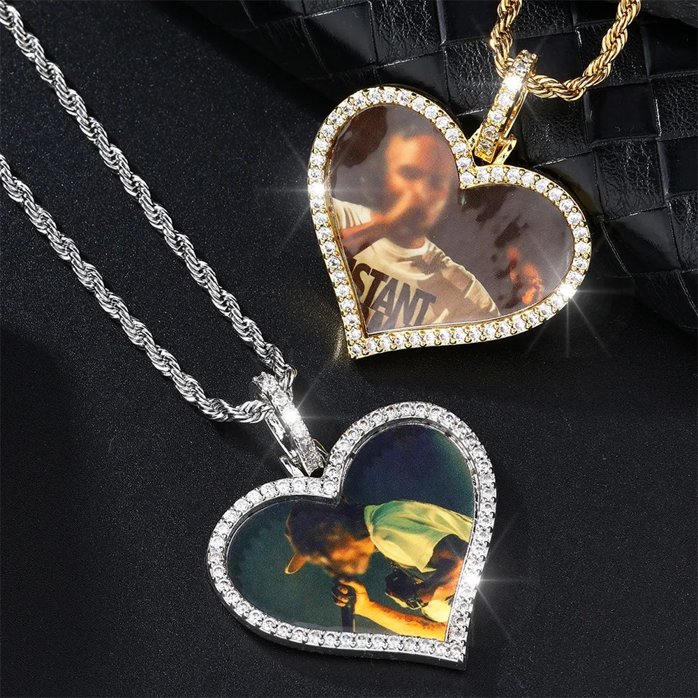 D Z Custom Made Po Heart Medallions Necklace Pendant With 4mm Tennis Chain AAA Cubic Zircon Mens Hip hop Jewelry 250107