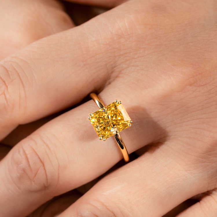 Goldleaf Real 14k Yellow Gold Engagement Ring with Long Cushion Cut Moissanite Diamond Romantic Women Gold Wedding Rings