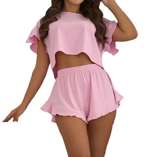 Summer Womens Pajamas Ruffled Loose Short Tops and Shorts Twopiece Set Home Clothes 250106