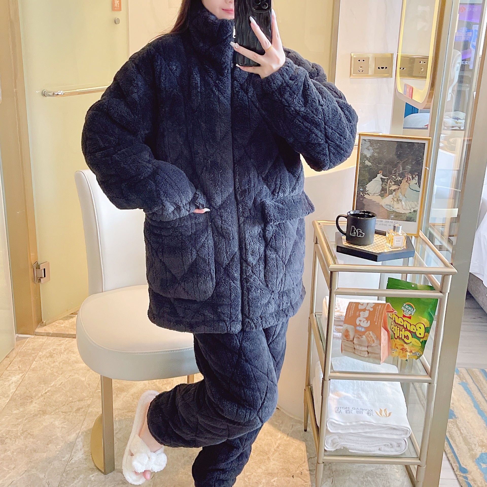 B655-Plus size pajamas for women autumn and winter thickened three-layer padded thickened outer wear home clothes flannel set