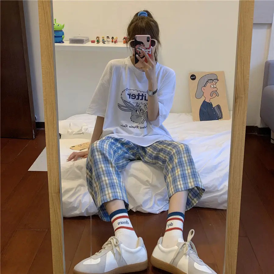 Spring Plaid Sports Casual Straight Pants Womens Korean Version Loose Wide Leg Trend 250106