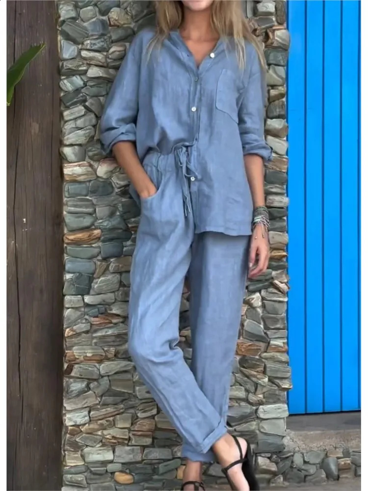 Womens Cotton Linen Solid Color Two-piece Sets 2024 Spring Autumn Fashion V Neck Top Elastic Waist Loose Wide Leg Pants Set 250107