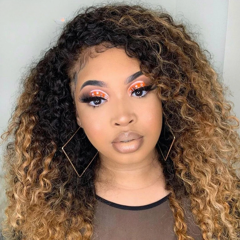 200 Density Ombre brown Brazilian Wig Human Hair Afro Kinky Curly 13x6 Hd Lace Frontal Wig High Density HD Transparent Lace Wigs For Women