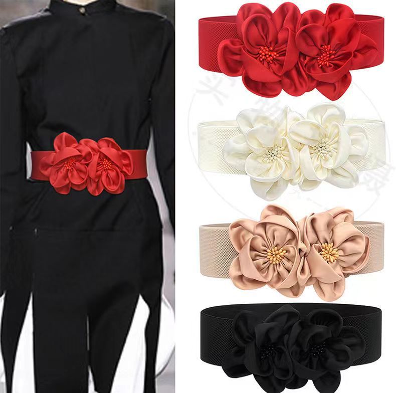New fashion double flowers decorative dress dress girdle sweater dress skirt belt black versatile youth