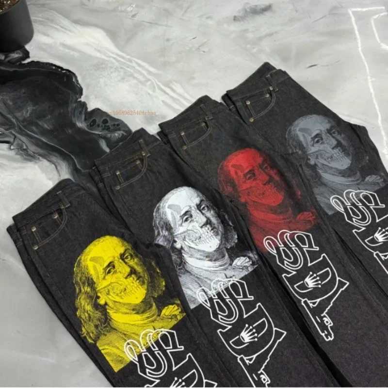 Ins New Net Red Design Personty Printing Wide Leg Pants Men Women Black Straight Jeans Winter Loose High Strt Casual Jeans X250113