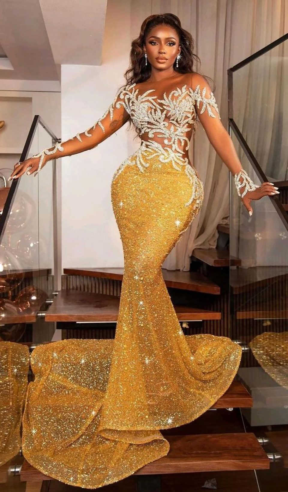 Gold Evening Dresses Mermaid Sequined Crystal Beads Long Sleeve Prom Gown Party Dress Vestido De Noite Customized
