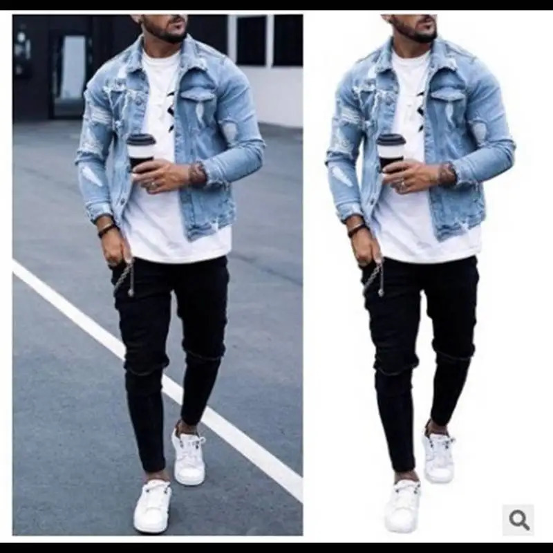 Japanese Style Spring and Autumn Standcollar Denim Jacket for Men Fashionable Allmatch with Ripped Washed n 250110