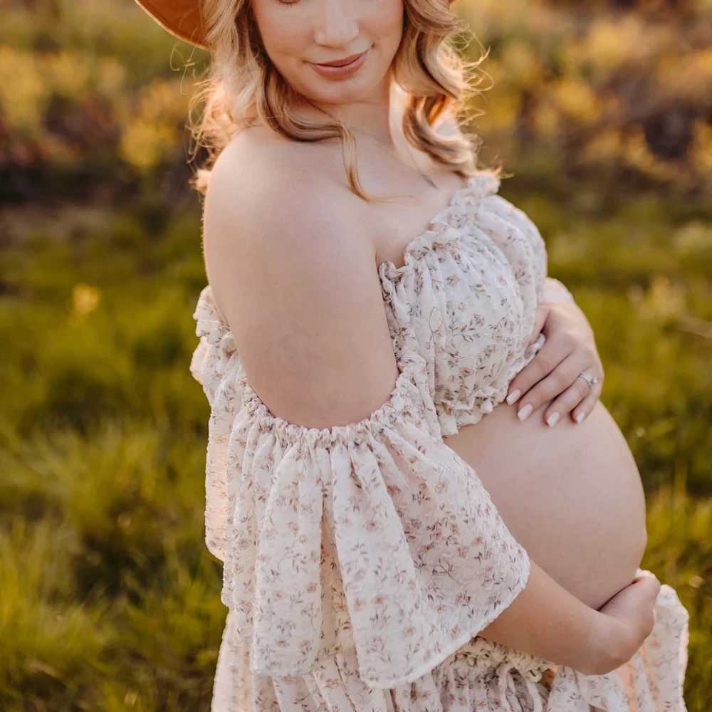 Bohemian Pregnant Dress Elegant Flower Chiffon Two Piece Set for Women Pregnant Photoshoot Baby Shower Set W250113