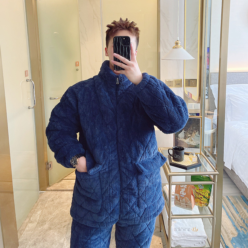 B655-Plus size pajamas for women autumn and winter thickened three-layer padded thickened outer wear home clothes flannel set
