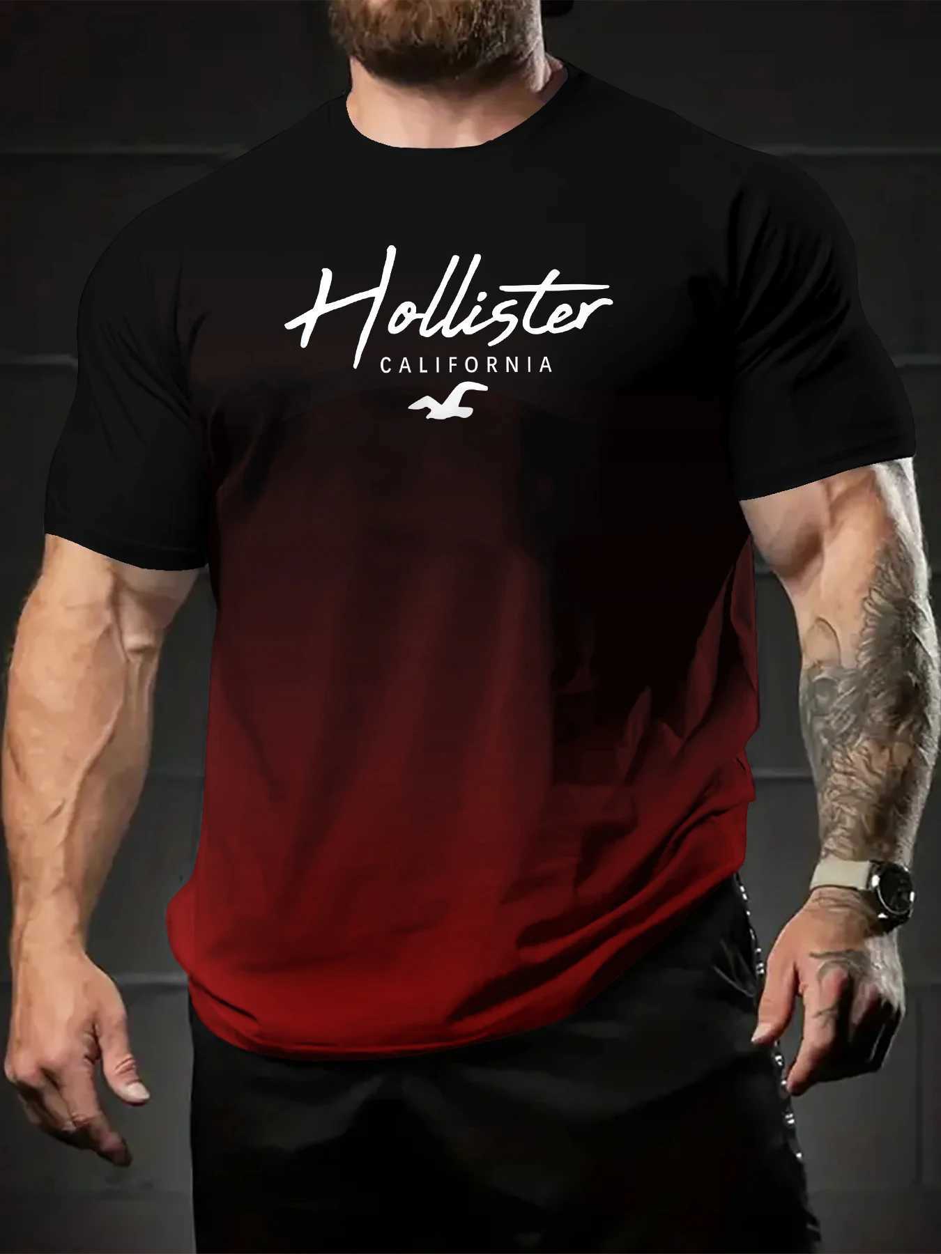 Mens Minimalist Gradient Color Vibration Lightning Bolt Printed T-shirt Summer Casual Short Sleeve Crew Collar Loose Quick Drying Top W250224