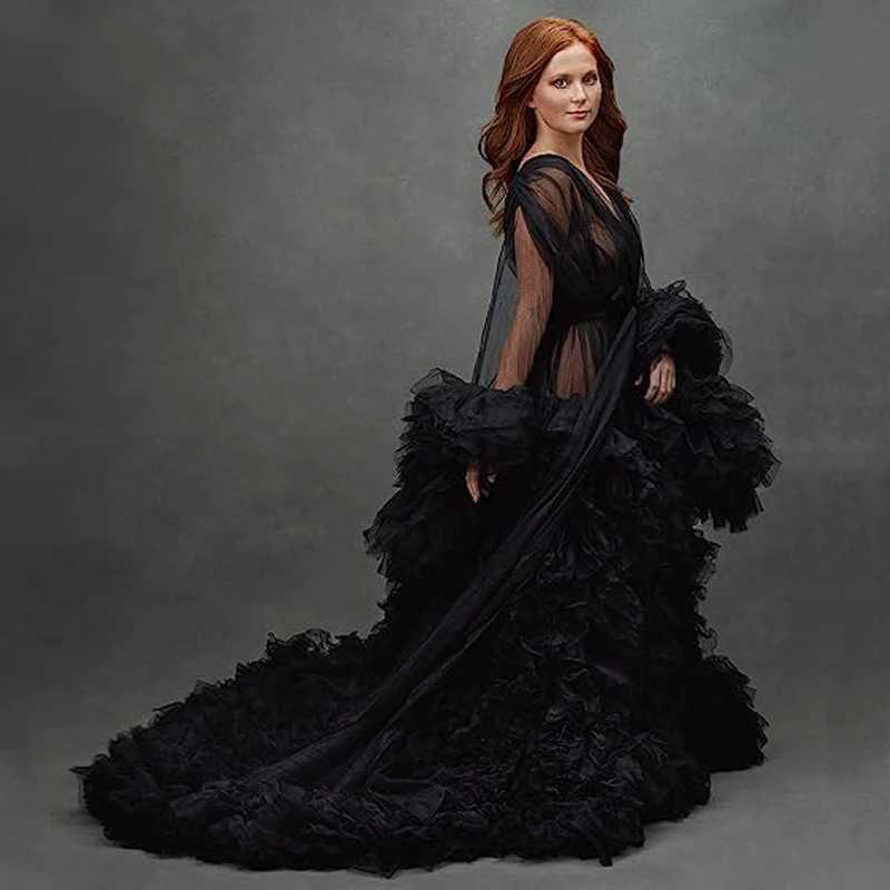 Sexy deep V-neck chiffon pregnant dress with lace hollow horn long sleeved tail feather dress photo prop vest W250113