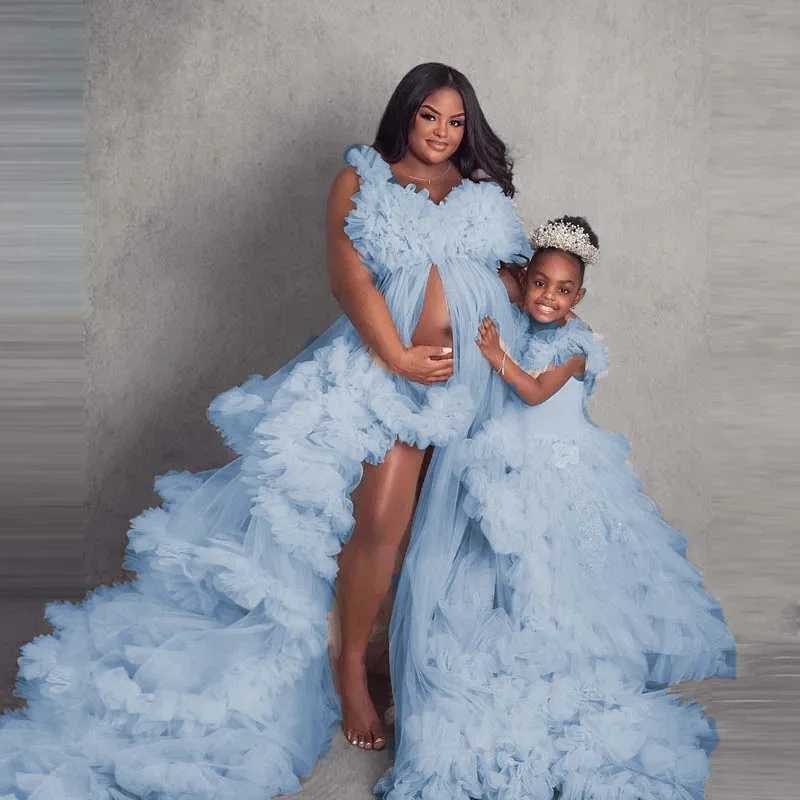 Exaggerated Tiered Ruffles Tutu Pleated Materni Robes Lush Mesh Front Slit Tulle Mommy Girls Par Gowns for Photography W250113