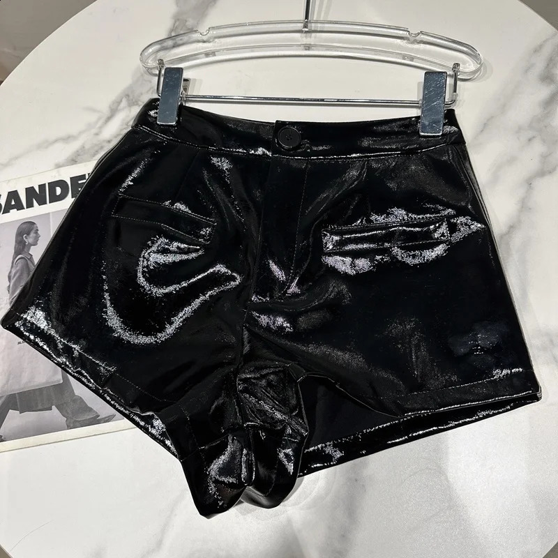 PREPOMP 2023 Summer Collection High Waist Black Pu Faux Leather Slim Short GH644 250107