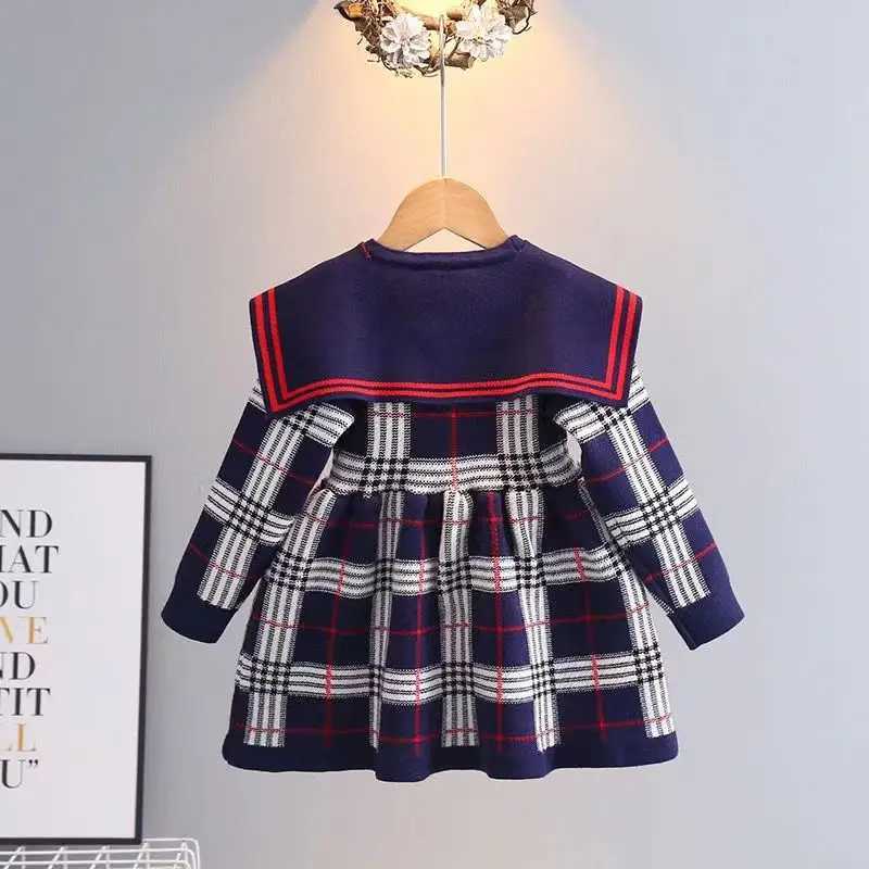 Toddler Girl Sweater Dress New Autumn Winter Warm 1-7Y Girls Plaid Knitted Sweater Dress Bow College Style Kids Clothes M250114