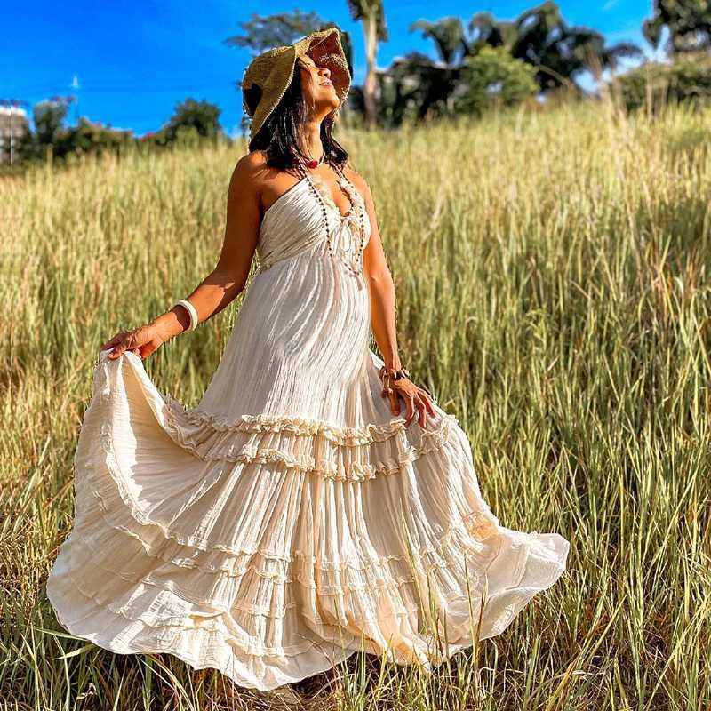 Bohemian Summer Wedding Dress - Linen V-neck Casual Chiffon W250113