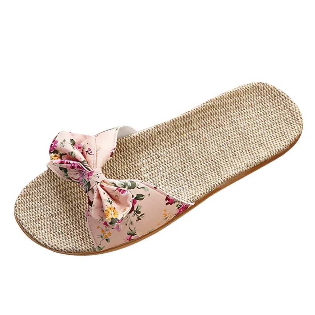 Ladies Bohemian Style Bow Flower Linen Slippers Sandals Beach Shoes Home Shoes Beach Indoor Non Slip Shoes 2024 Z250614