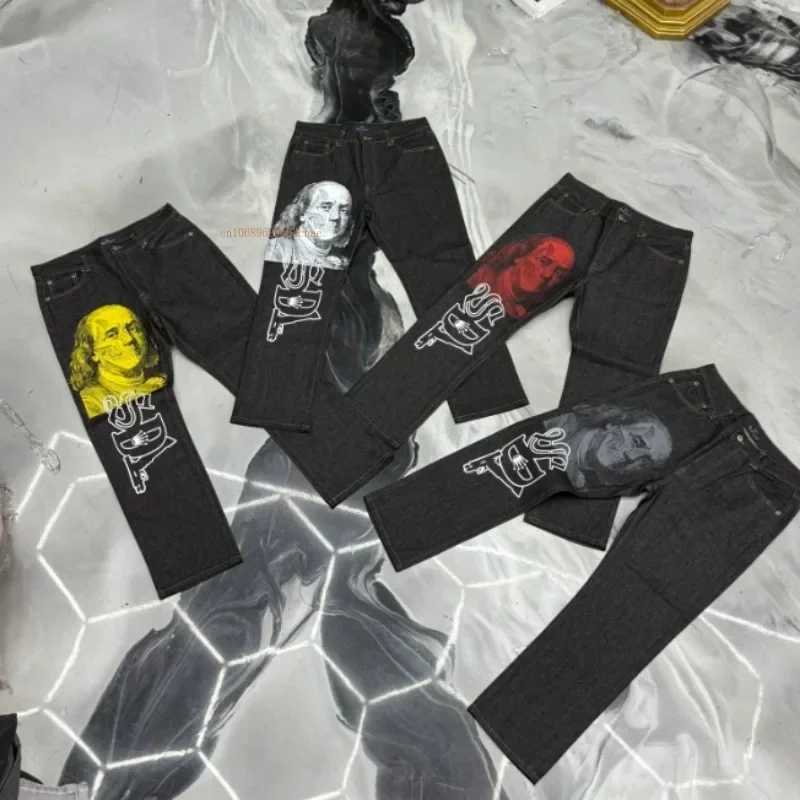 Ins New Net Red Design Personty Printing Wide Leg Pants Men Women Black Straight Jeans Winter Loose High Strt Casual Jeans X250113
