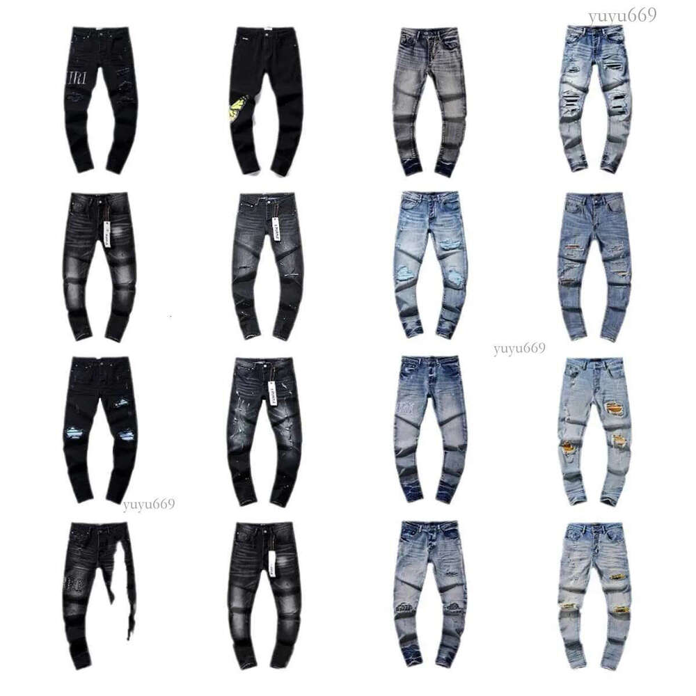 Men's 2024 American High Street Broken Patch Trend Retro Mid-waist Straight Leg Jeans Washed To Make Old Retro Broken Holes Splash-ink Bloke Hand