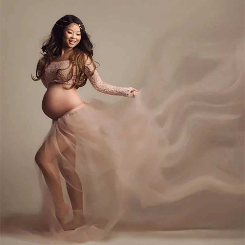 Pregnant dress set long sleeved lace crop top+thin gauze skin pregnant long dress photo shoot pregnant photography W250113