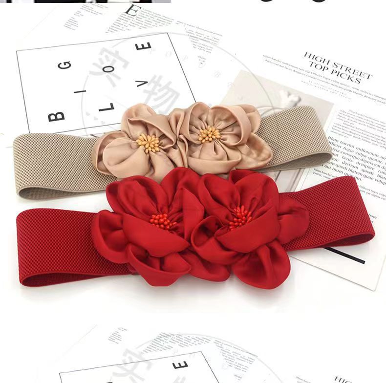 New fashion double flowers decorative dress dress girdle sweater dress skirt belt black versatile youth