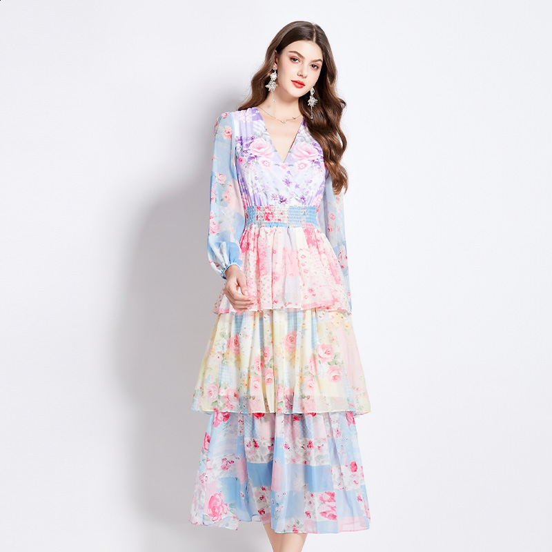 Spring and Autumn Womens Vacation Style Printed V-neck Waist Collection Temperament Cake Long Dress 210514