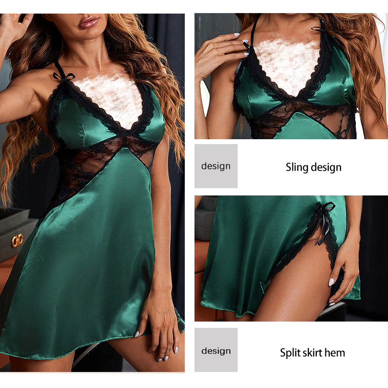 Women's Fashion Sexy Lace Italian Noodle Strap V-Neck Nightwear Women's Sexy Hem Slightly Open Lace Decoration Nightwear Dress