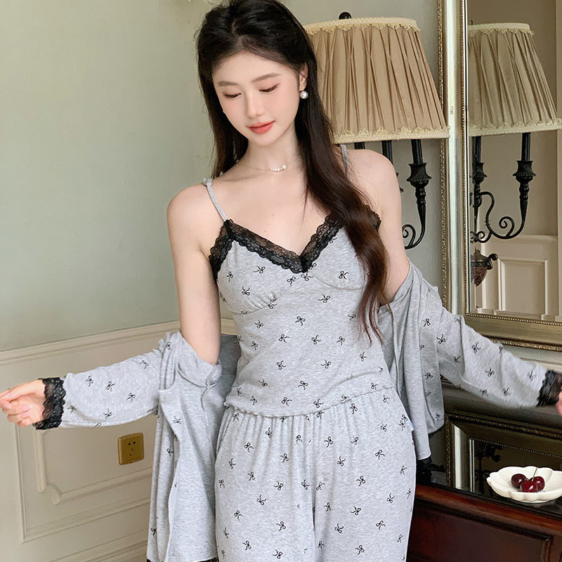 B653-French pajamas women 2024 autumn suspenders sexy pure desire style with chest pads three-piece home clothes suit new