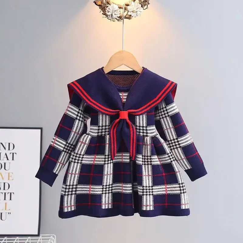 Toddler Girl Sweater Dress New Autumn Winter Warm 1-7Y Girls Plaid Knitted Sweater Dress Bow College Style Kids Clothes M250114