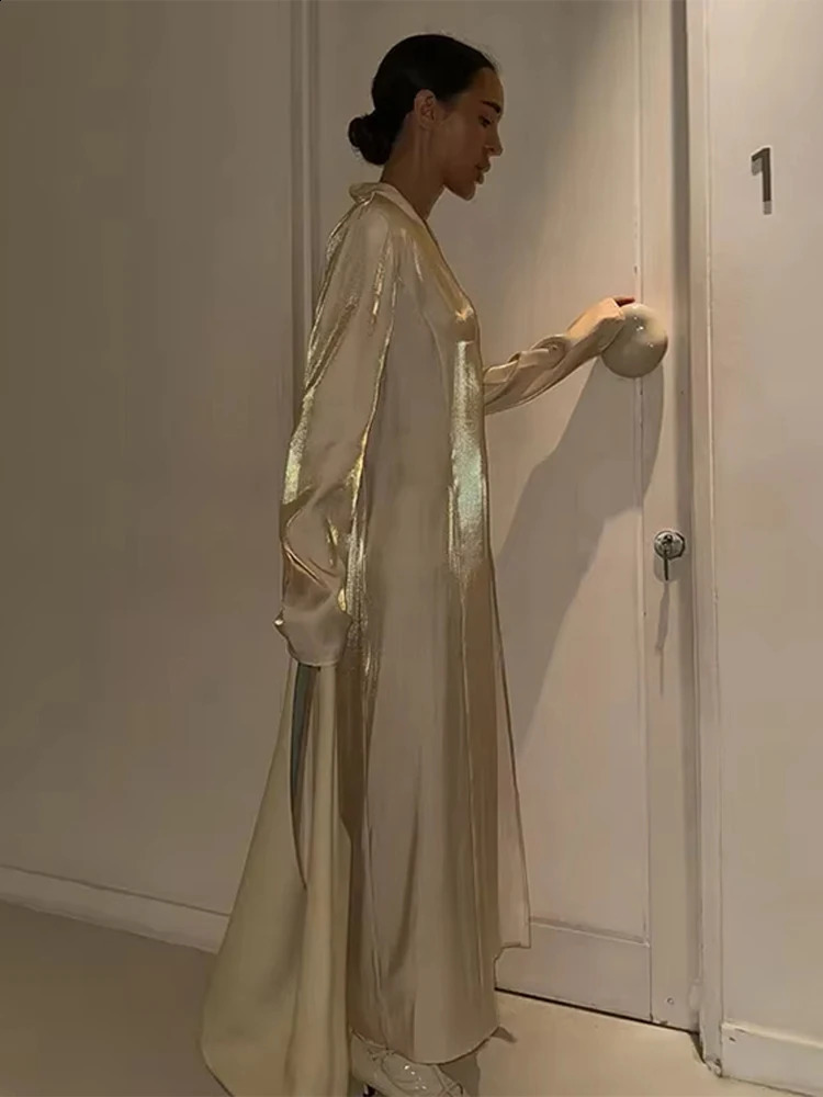 Fashion Solid V Neck Lady Dresses Full Sleeve Straight Women Dress 2025 Elegant Sexy Spring Beach Split Female Maxi Vestidos 250110