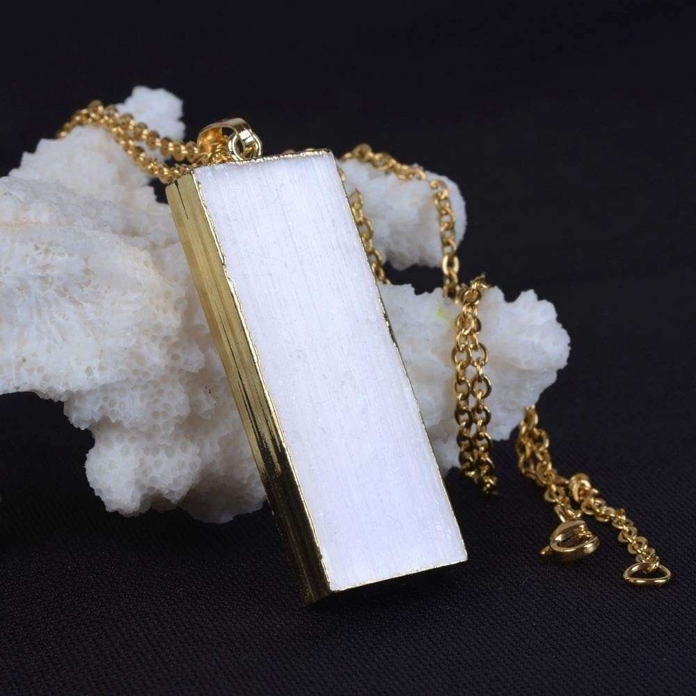 Natural White Selenite Heag Crystal Gold Plated Rectangle Pendant Necklace 20 Inch