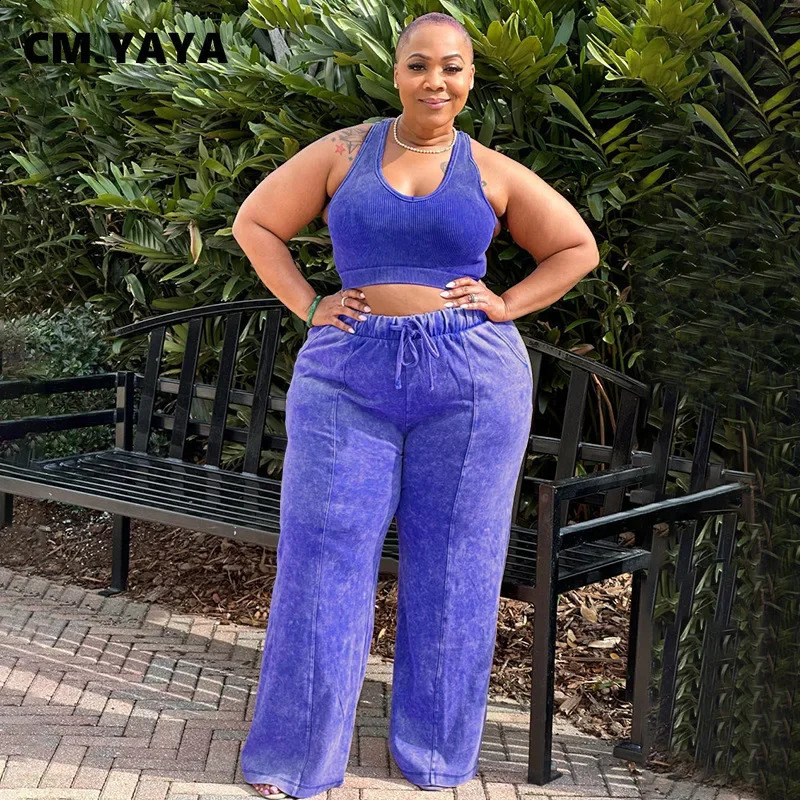 CMYAYA Plus Size Tie Dye Print Womens Set Sleeveless Mini Top Wide Leg Straight Pants Washed Two 2 Piece Outfit Tracksuit 250109