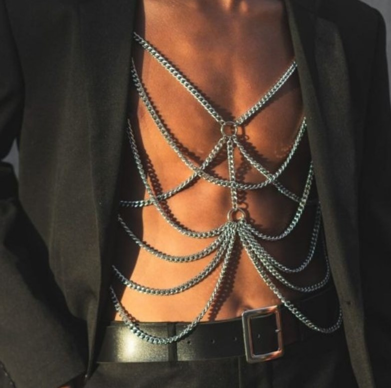 Stage Wear Men Heavy Metal Body Chains Multi Layered Sexy Necklace Chic Fashion Cosplay Party Show Accessories Chest Harness Belt