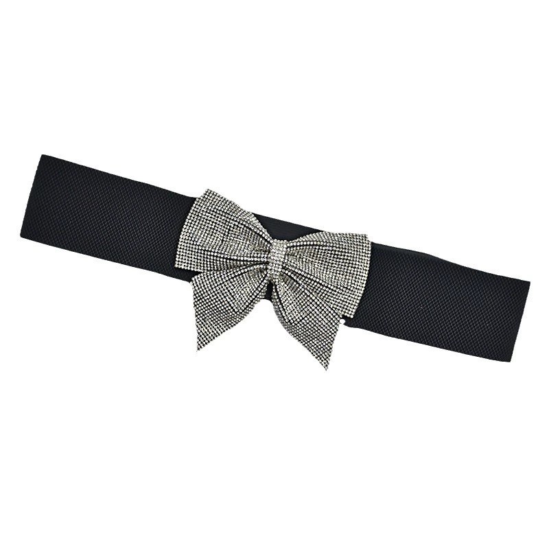 New rhinestone bow elastic elastic ladies decorative dress belt wide waist seal black